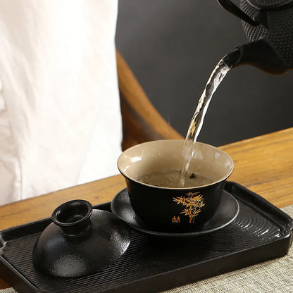 Chinese Black Pottery Ceramic Tea Tureen Retro Tea Maker Zen Cover Bowl Teacup