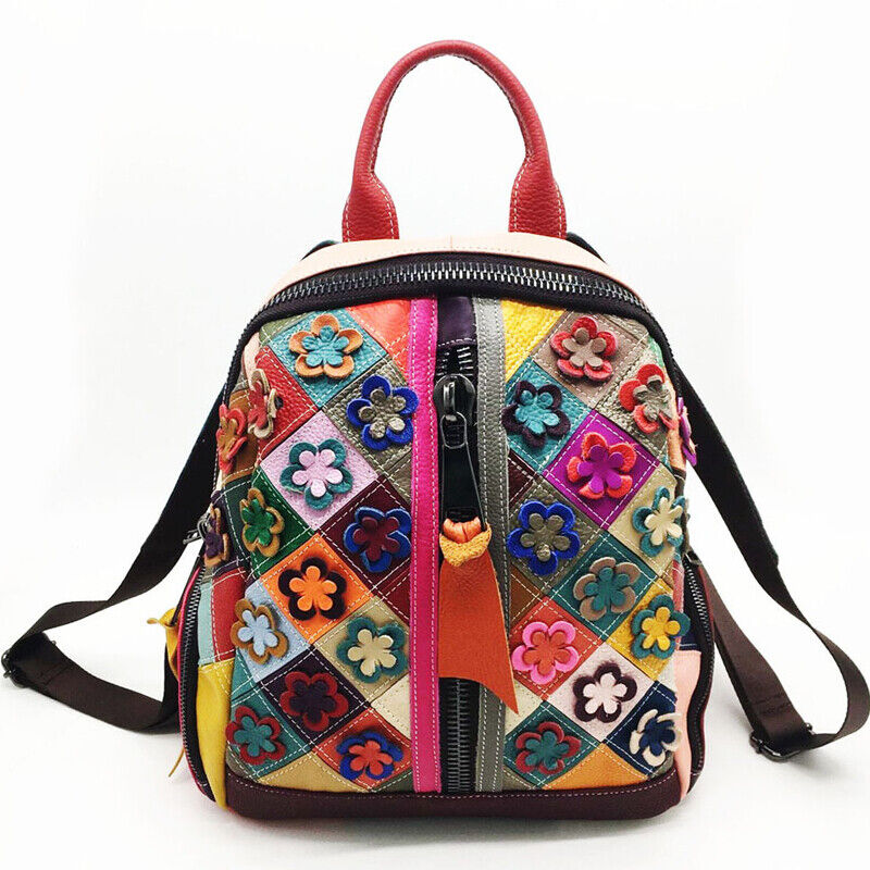 New Designer Cow Leather Colorful Floral Patchwork Women's Backpack Travel Bag