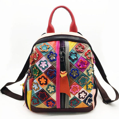 New Designer Cow Leather Colorful Floral Patchwork Women's Backpack Travel Bag