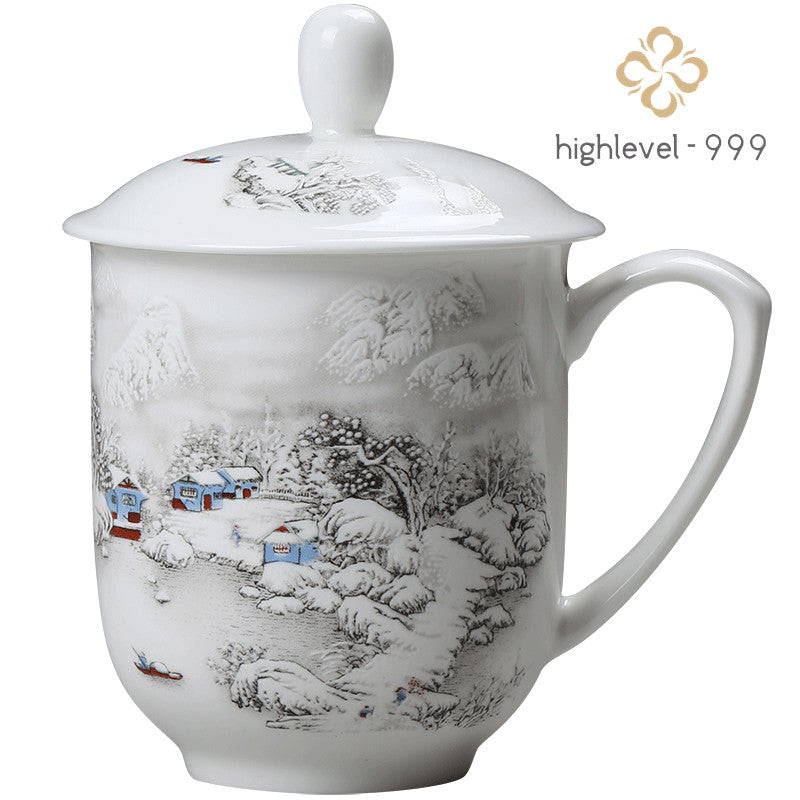 Jingdezhen Blue and White Bone Porcelain Cup Ceramic Tea Cup with Handle Lid