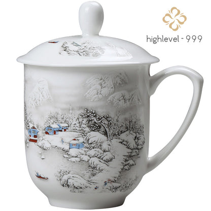 Jingdezhen Blue and White Bone Porcelain Cup Ceramic Tea Cup with Handle Lid