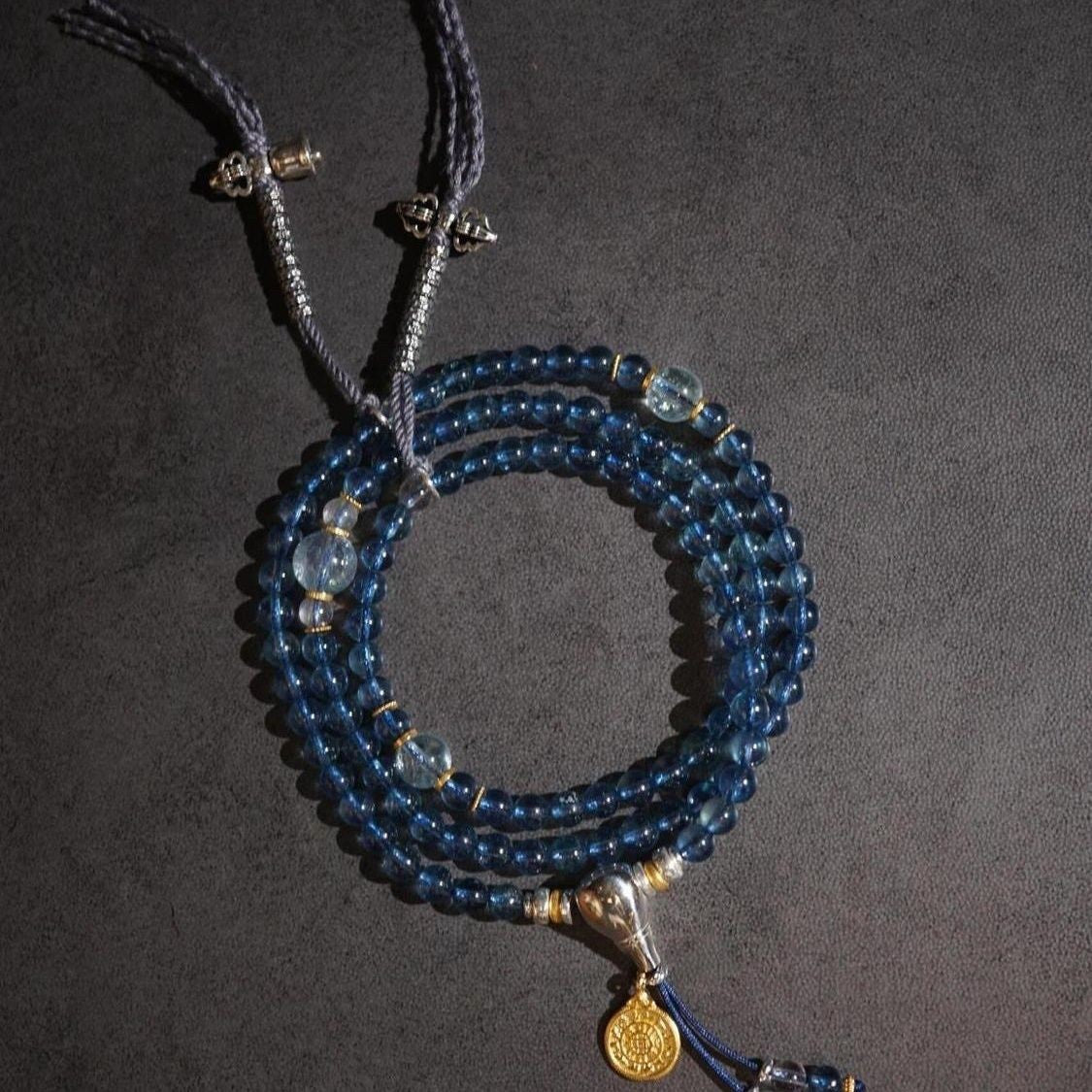 Blue Glass 108 Beads Mala Bracelet Vintage Straight Cut Double Loop Necklace