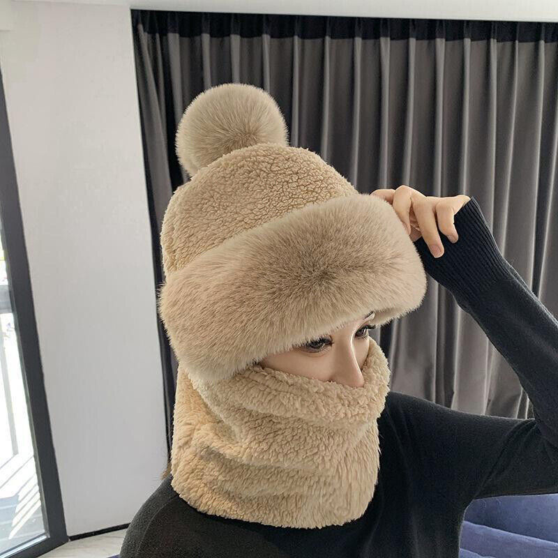 Women Warm Plush Velvet Hats Hooded Thick Scarf Caps Neck Warmer Pullovers Hat