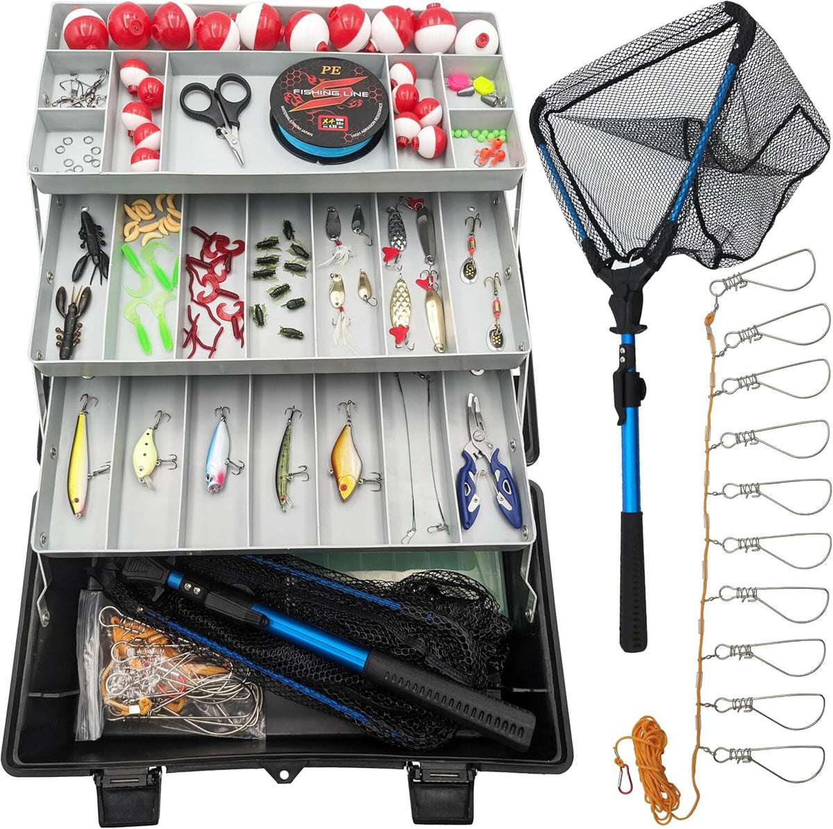 Deluxe Fishing Starter Set w/ Collapsible Net, Fishing Line, Bobbers, Lures, etc
