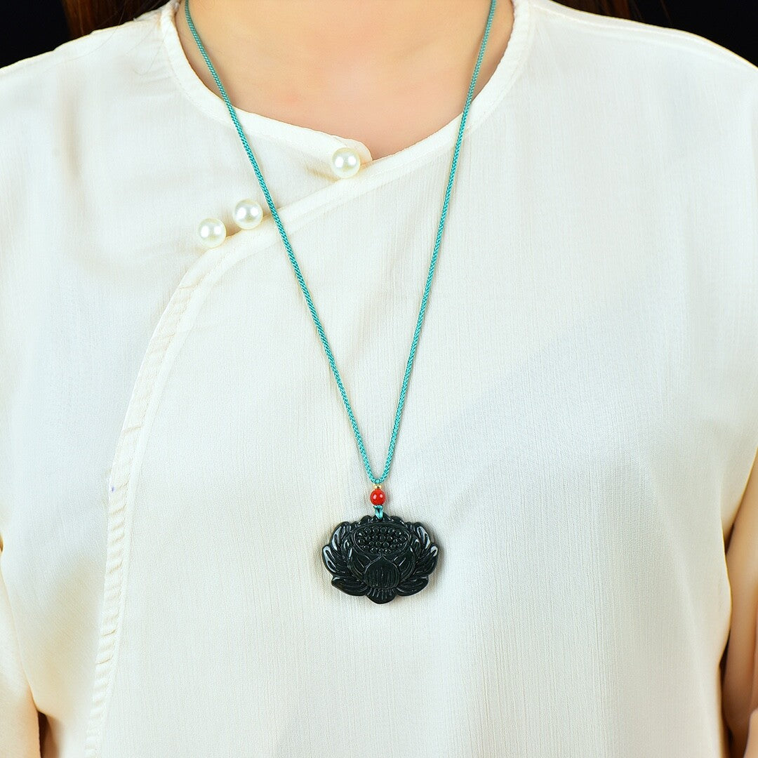 Jade Hand Carving Lucky Pretty Lotus Flower Pendant