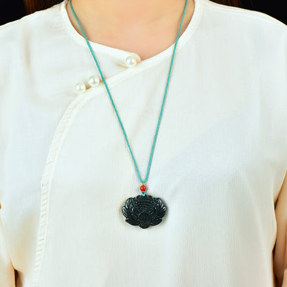 Jade Hand Carving Lucky Pretty Lotus Flower Pendant
