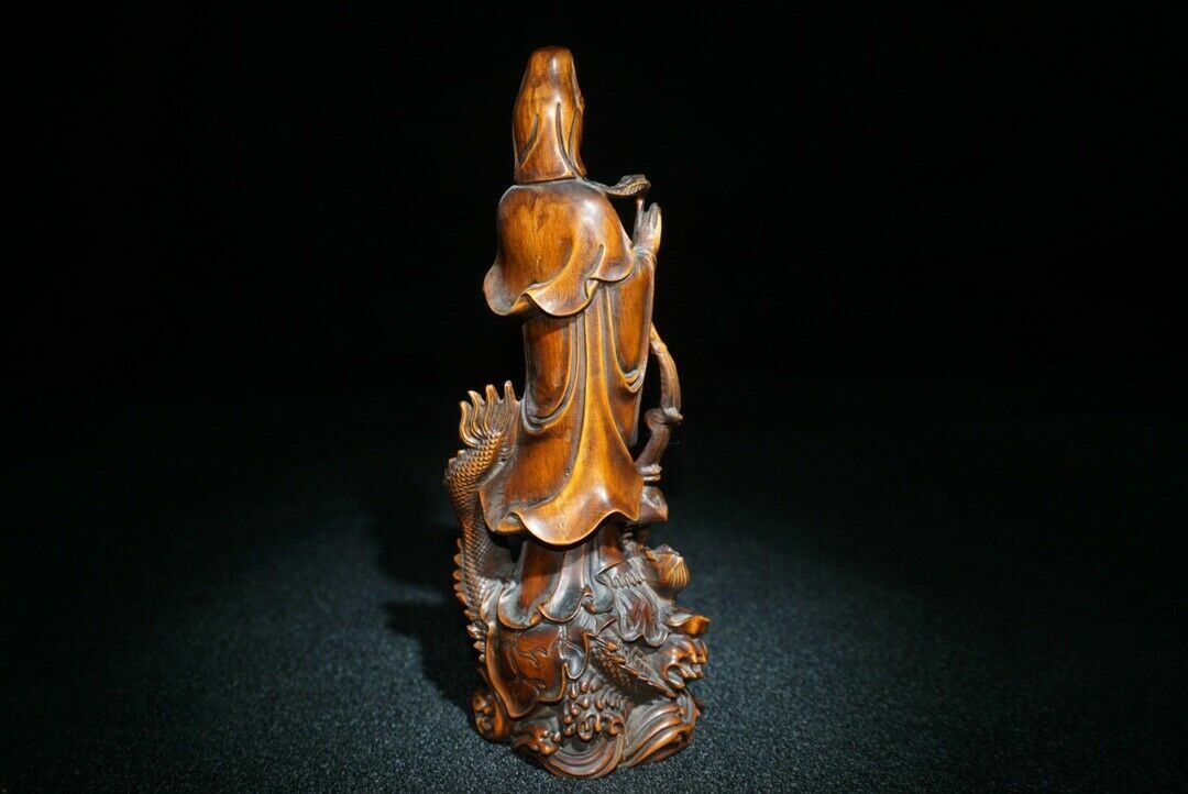 Antique Boxwood Carved Kwan Yin Statue Dragon Thinking Woman Art Wood Sculpture