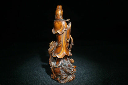 Antique Boxwood Carved Kwan Yin Statue Dragon Thinking Woman Art Wood Sculpture