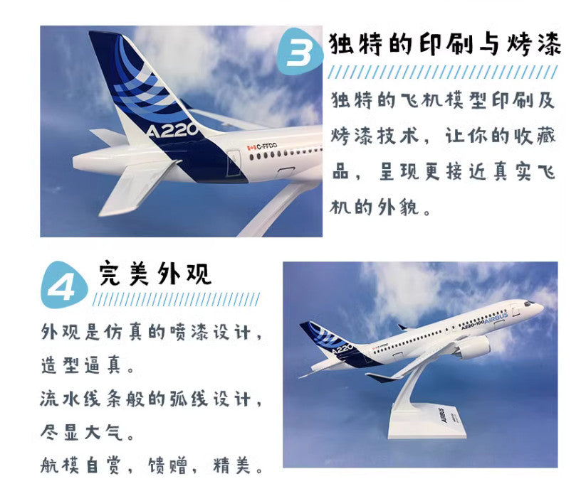 36CM 1:100 Risesoon AIRBUS A220-100 Passenger Airplane ABS Plastic Plane Model