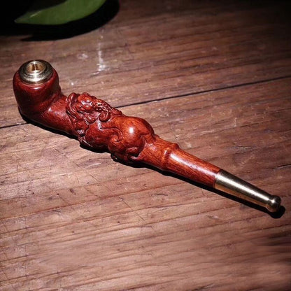 Lobular Red Sandalwood Pixiu Pipe Carved Filterable Brass Mouthpiece 2-in-1