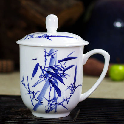 Jingdezhen Blue and White Bone Porcelain Cup Ceramic Tea Cup with Handle Lid