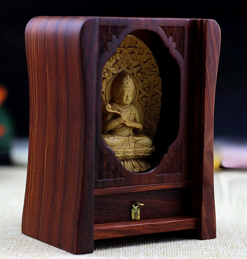 Miniature Portable Rosewood Carved Altar Buddhist Statue Butsudan Shrine