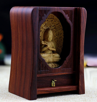 Miniature Portable Rosewood Carved Altar Buddhist Statue Butsudan Shrine