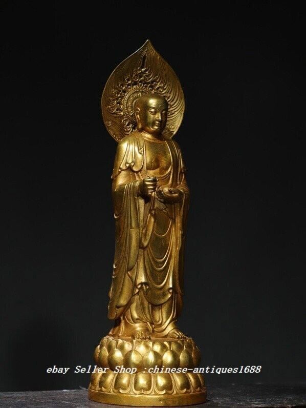 14" Old Tibet Buddhism Copper Gilt Stand Ksitigarbha Boddhisattva Buddha Statue