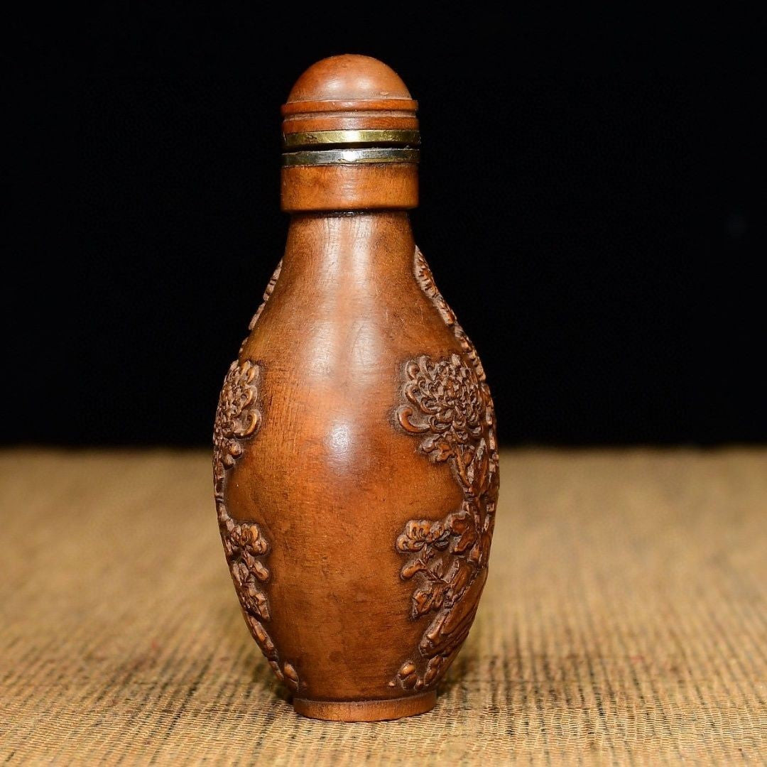 Hand Carved Boxwood Snuff Bottle Plum Blossom Pattern Wooden Collectible 7.5cm