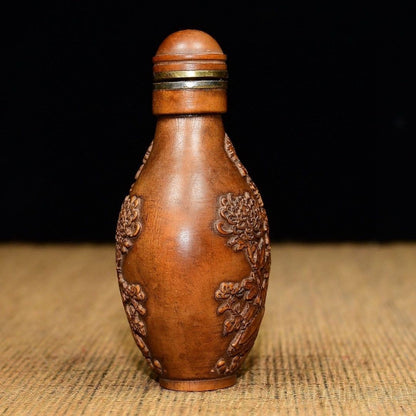 Hand Carved Boxwood Snuff Bottle Plum Blossom Pattern Wooden Collectible 7.5cm