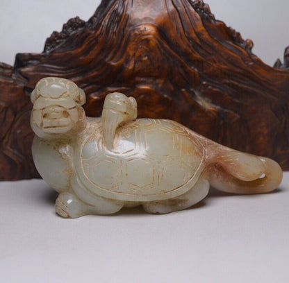 Collection China Hetian Jade Carved Dragon Turtle Statue Exquisite Figurines Art