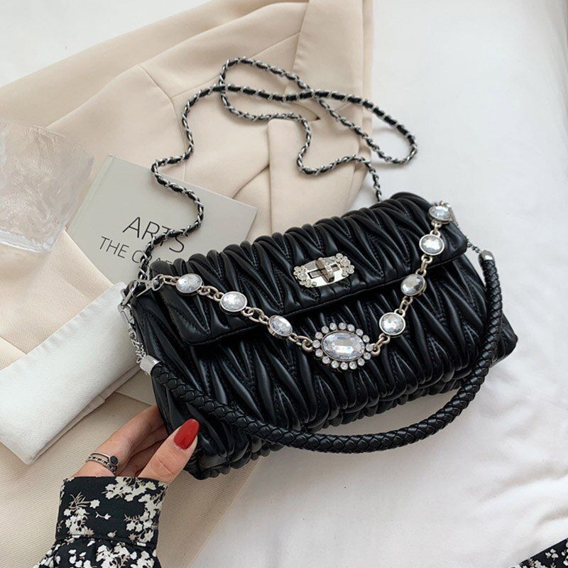 Pleated Crossbody Bag Texture Rhinestone Hand Shoulder Bag Versatile 25*7*14 CM