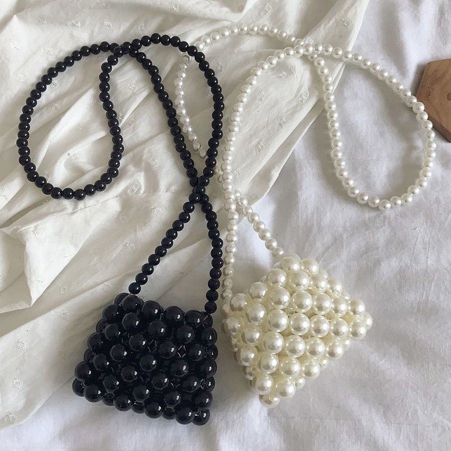 Pearl Beaded Shoulder Bag Party Handbag Small Black Pearl Crossbody 10*4*8 CM
