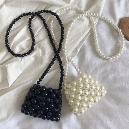 Pearl Beaded Shoulder Bag Party Handbag Small Black Pearl Crossbody 10*4*8 CM