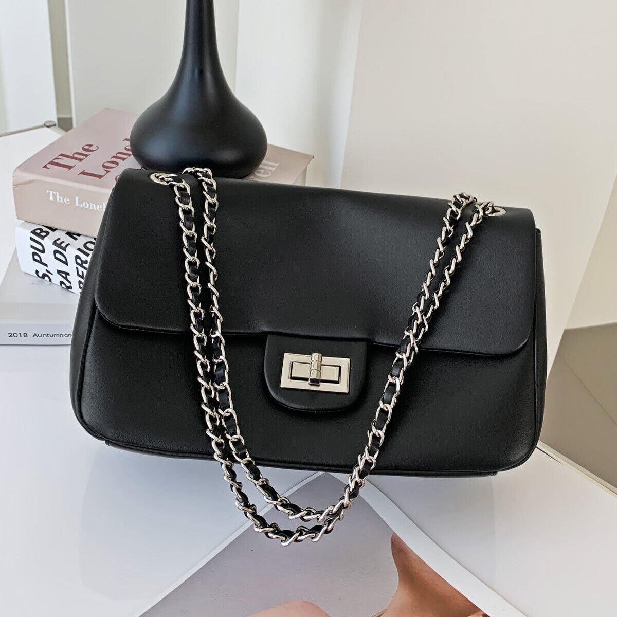 Real Leather Small Flap Purse Shoulder Bag Double Chains Crossbody Work Handbag