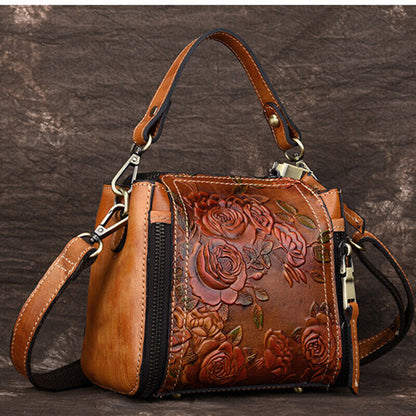Genuine Leather Floral Embroidered Vintage Handbag Women's Tote Shoulder Bags