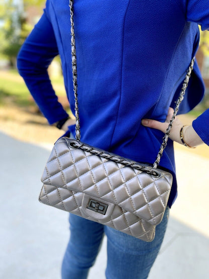Women Classic Quilted Double Flap Shoulder Crossbody Leather Bag