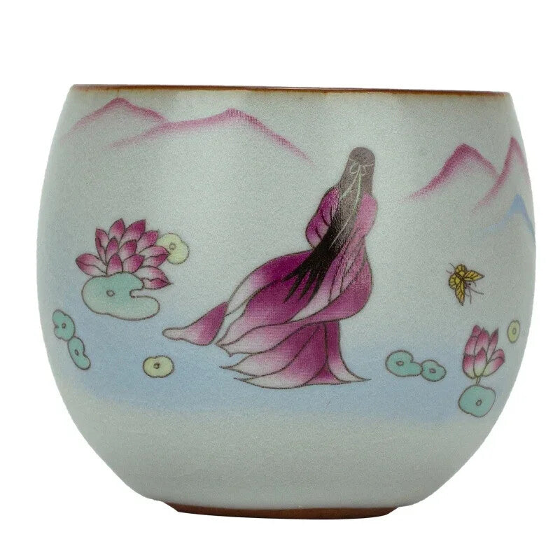 Ru Kiln Ceramic Teacup Lotus Pattern Coffee Cup Portable Handmade Tea Set