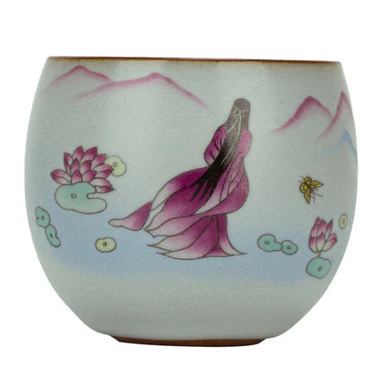 Ru Kiln Ceramic Teacup Lotus Pattern Coffee Cup Portable Handmade Tea Set