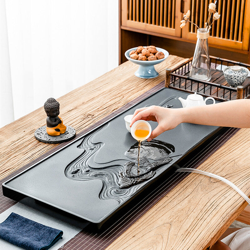 Handmade Carved Black Stone Tea Tray Water Draining Tea Table Weighted Tea Boat