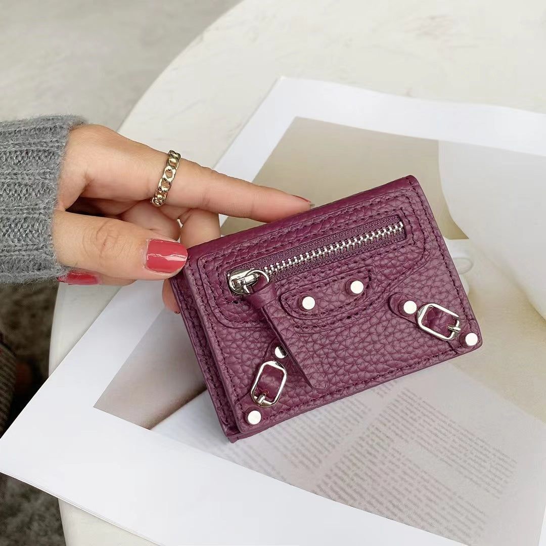 Short Wallets Genuine Leather Trifold Purse Cool Rivet Decorations 9.5*6.5*2.5CM