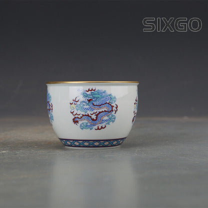 3" Chinese Qing Doucai Contrasting Colors Porcelain Animal Dragon Tree Cup
