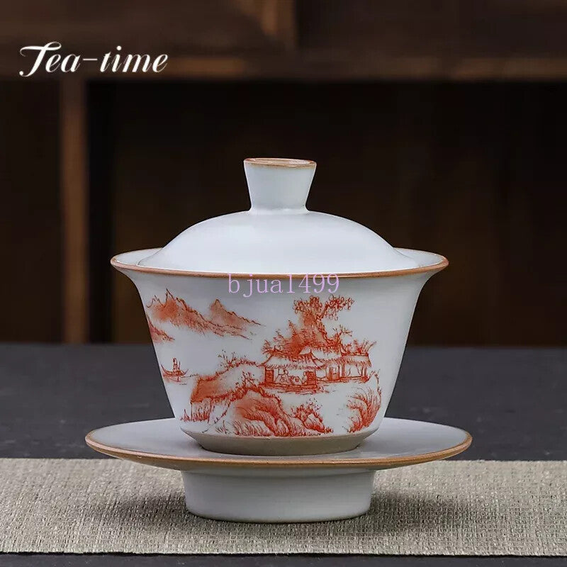 160ml Retro Ru Porcelain Alum Red Gaiwan Ceramic Soupers with Lids Tea Tureen
