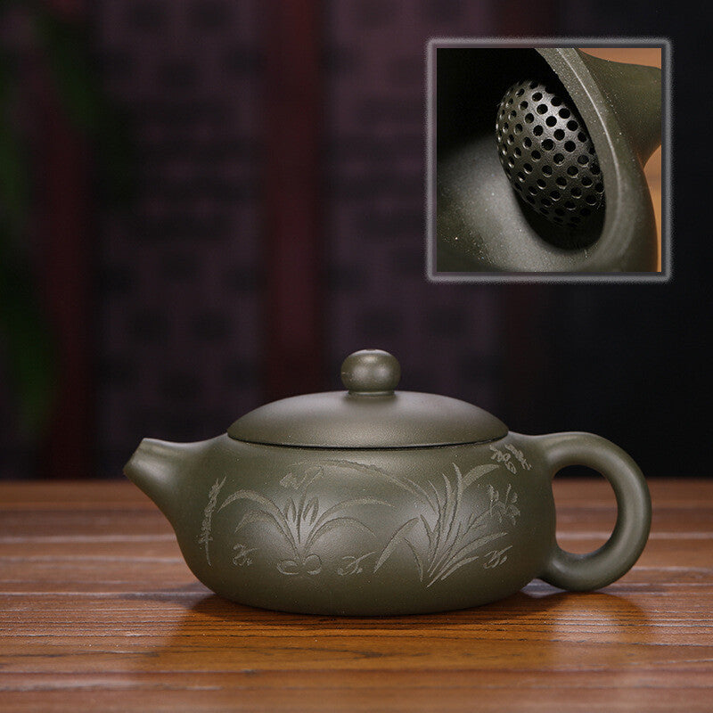 200ml Yixing Zisha Pottery Handmade Green Clay Tea Pot Orchids Mesh Teapot 扁西施