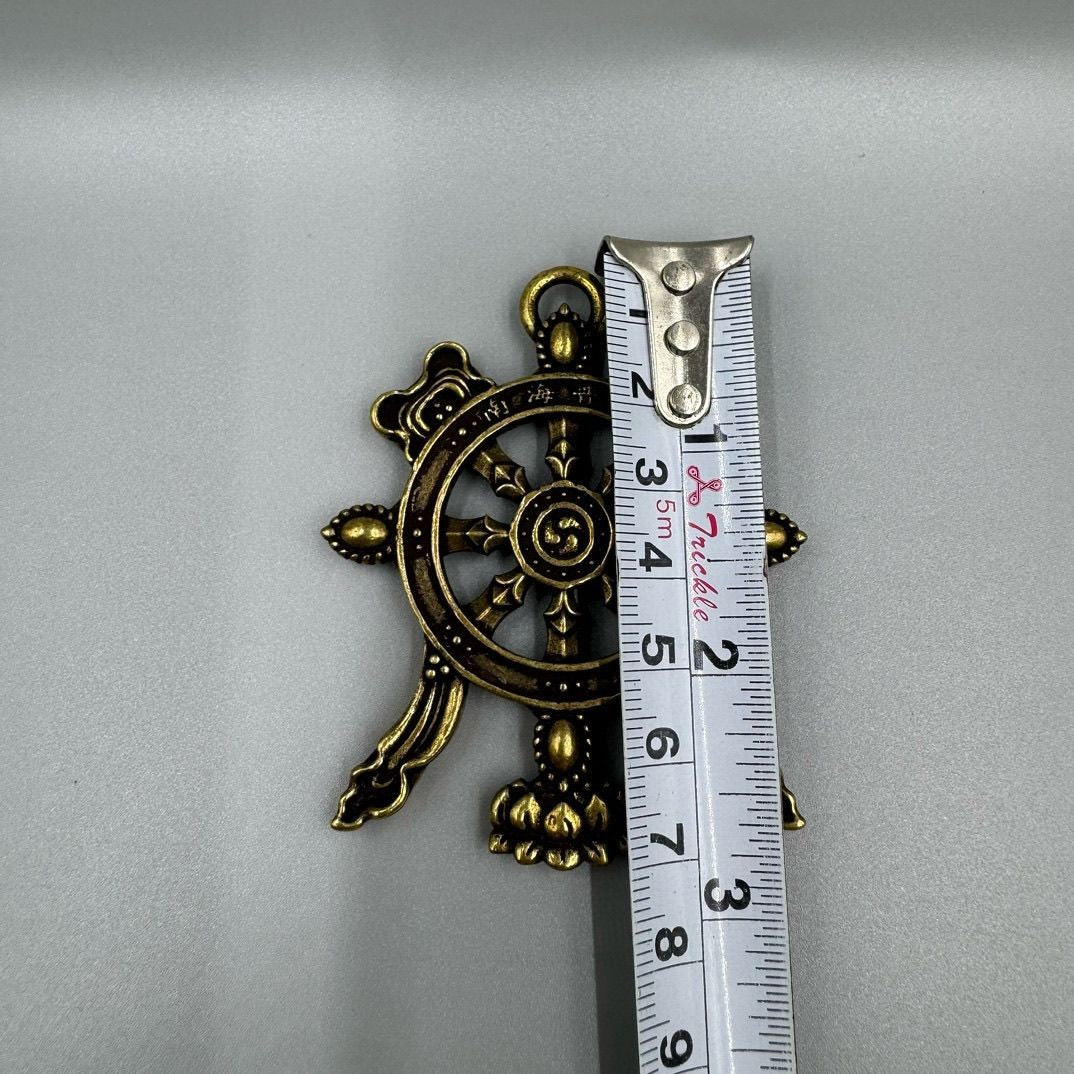 Solid Brass Dharma Wheel Pendant Nanhai Putuo Tibetan Amulet 7cm
