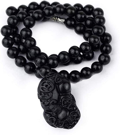 Bian Stone Necklace pixiu guanyin Lucky Pendant Black Beads Round for Men Women