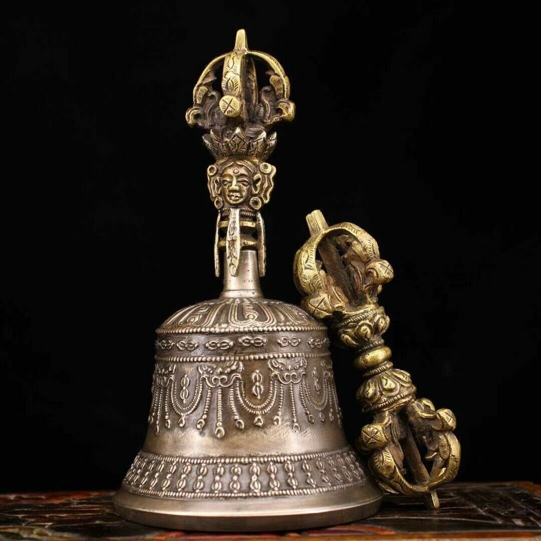 Chinese Temple Collection Old Copper Handmade Build Bell Vajra + Box