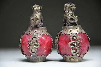 CHINESE PAIR OF Tibet SILVER DRAGON Jade Foo dog STATUE Gift!