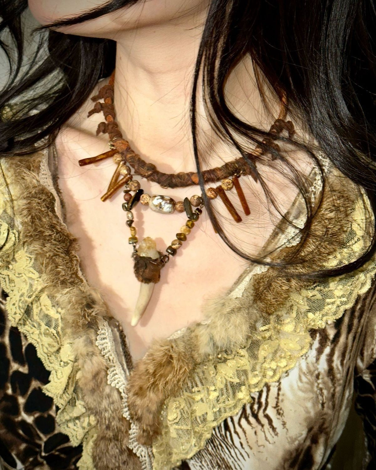 Wasteland Tribal Style Fang & Crystal Pendant Boho Necklace