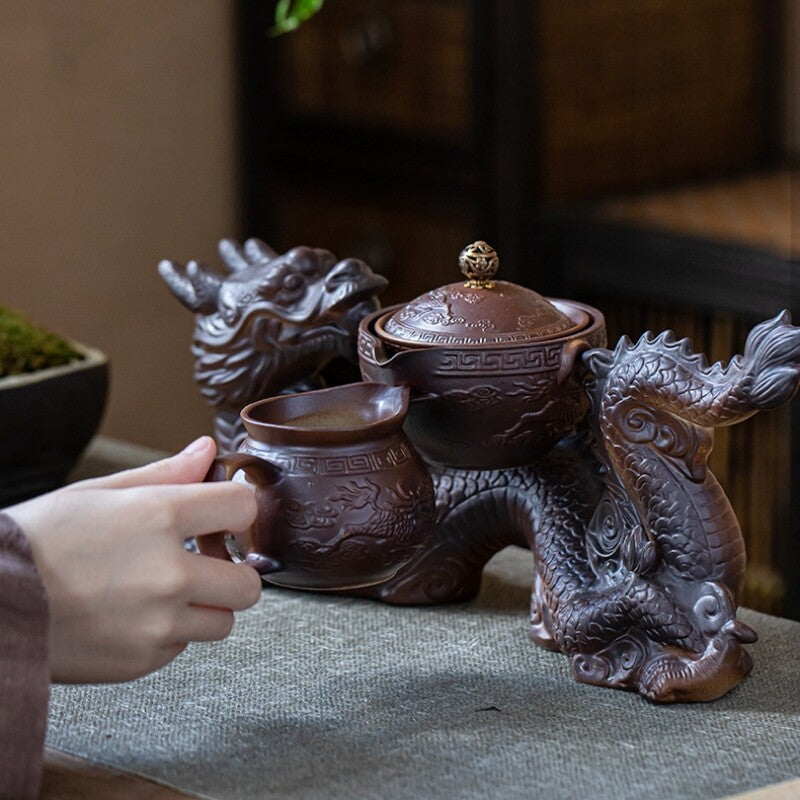 Half Automatic Tea Set Ceramic Dragon Design Gaiwan Matching Pitcher Tea Cups