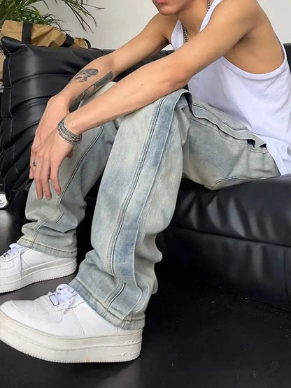 Men’s Baggy Patchwork Jeans Loose Wide Leg Denim