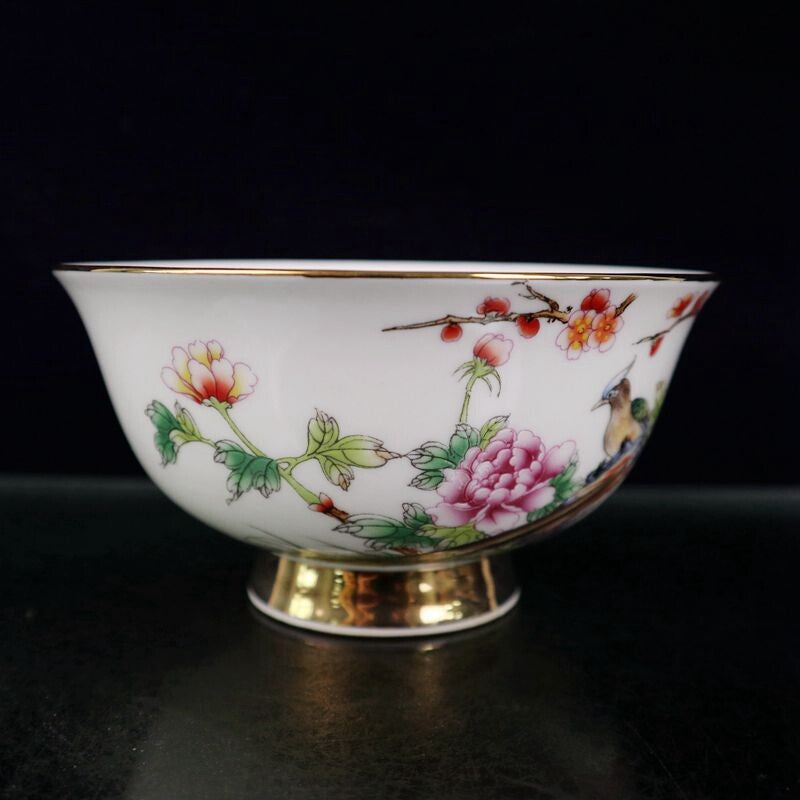Old Chinese powder color porcelain outline in gold flower bird Big bowl Qianlon