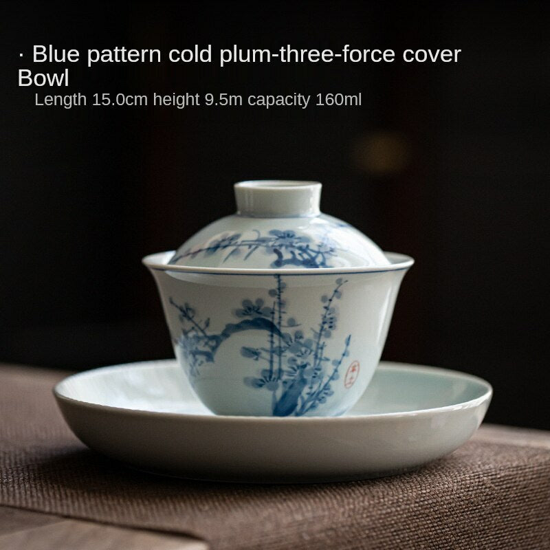 160ml Hand Painted Tureen Blue White Porcelain Gaiwan Cup Bowl Kung Fu Tea Set