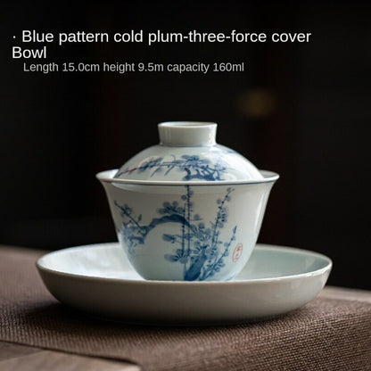 160ml Hand Painted Tureen Blue White Porcelain Gaiwan Cup Bowl Kung Fu Tea Set