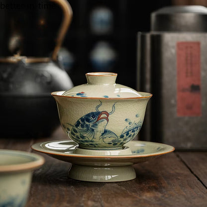 Hand-painted Pottery Clay Gaiwan Ru Porcelain Fish Dargon Bowls Cover Bowl