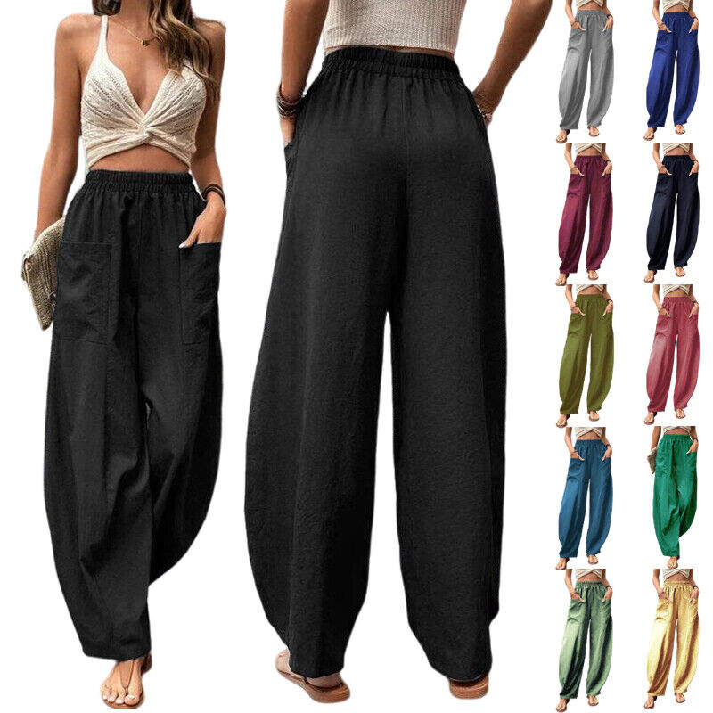 Women Summer Ice Silk Pocket Wide Leg Baggy Pants Elastic High Waist Trousers