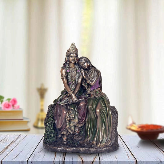 Resin Radha Krishna Sitting on Rock Figurine Statue Sculpture Idol