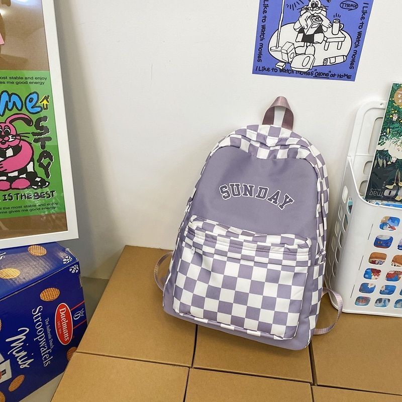 Letter Printing Women Backpack Nylon Travel Bag Fashion Plaid Schoolbag Bookbag