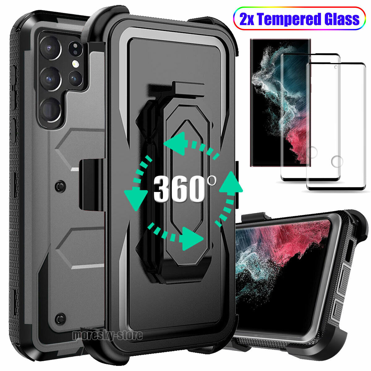 Case For Galaxy S22 5G Ultra + Clip Belt Stand Cover / Tempered Glass Protector