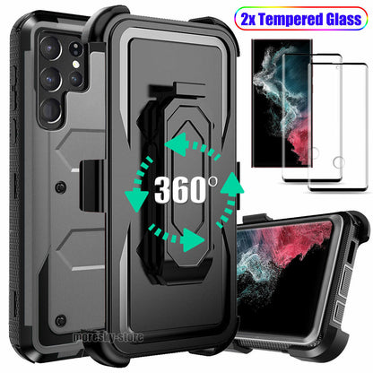 Case For Galaxy S22 5G Ultra + Clip Belt Stand Cover / Tempered Glass Protector